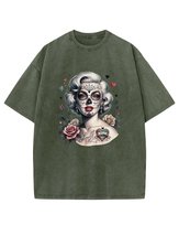 Koszulka oversize efekt sprania Tatuaż Marilyn Monroe khaki XL