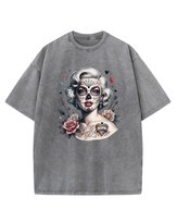 Koszulka oversize efekt sprania Tatuaż Marilyn Monroe szary M