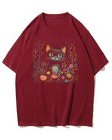 Koszulka oversize Słodki Kot w Kwiatach Artystyczny Bordowy S