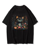 Koszulka oversize Słodki Kot w Kwiatach Artystyczny Czarny M