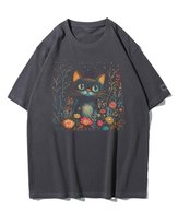 Koszulka oversize Słodki Kot w Kwiatach Artystyczny Grafitowy S