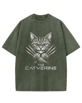 Koszulka oversize The Catverine - Kot Wolverine - efekt sprania Khaki XXL
