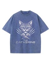 Koszulka oversize The Catverine - Kot Wolverine - efekt sprania Niebieska XL