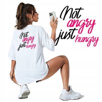Koszulka T-Shirt Damska Oversize Boyfriend Biała NOT ANGRY JUST HUNGRY Wz