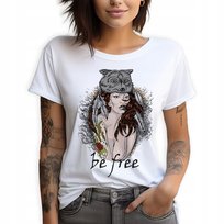 Koszulka T-shirt Damski Bawełna Biały XS Kobieta Wilk Be Free Wiele Wzorów