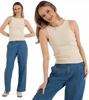 Koszulka Top Damski Bawełniany w Prążek Na Ramiączkach MORAJ Beżowy M