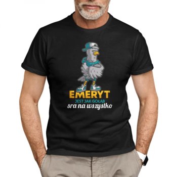 Koszulkowy, Męska koszulka na prezent, Emeryt jest jak gołąb, sra na wszystko dla emeryta, kolor czarny, rozmiar L - Koszulkowy