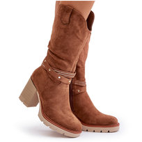 Kozaki Damskie Do Połowy Łydki Na Słupku Ocieplane Camel Ivanelis-37