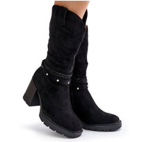 Kozaki Damskie Do Połowy Łydki Na Słupku Ocieplane Czarne Ivanelis-39