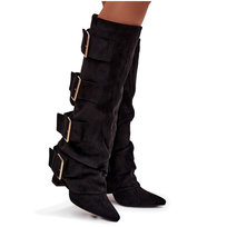 Kozaki Damskie Na Słupku Z Wywiniętą Cholewką I Złotymi Klamrami Eko Zamszowe Czarne Isavelle-40