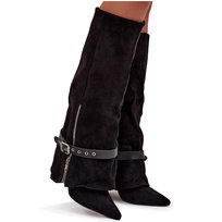 Kozaki Damskie Wsuwane Na Słupku Z Ozdobnym Paskiem Czarne Jolivine-38