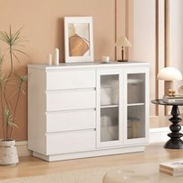 Kredens / Sideboard z 4 szufladami, 2 drzwiami szklanymi, nowoczesny design, MDF, biały