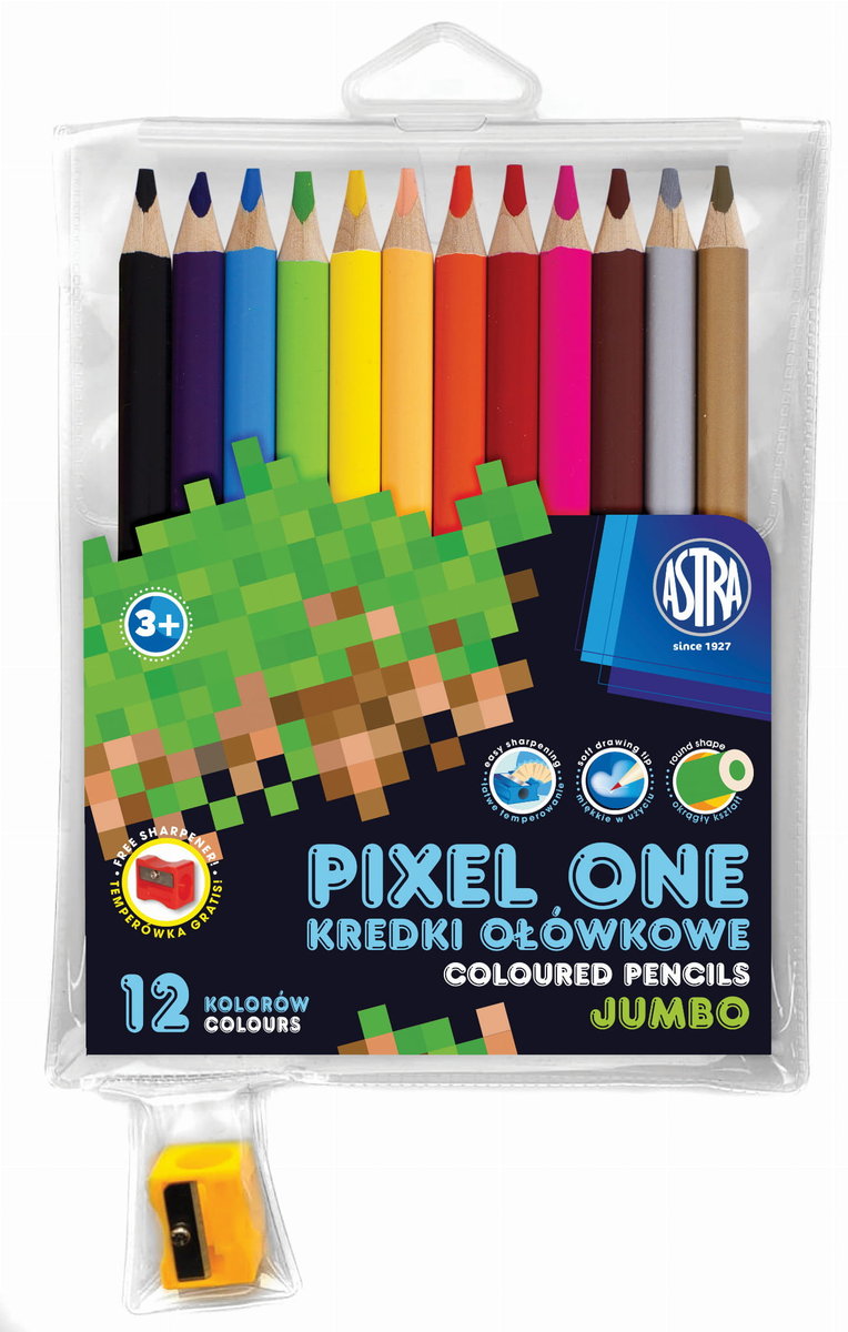 Фото - Малювання Astra Kredki ołówkowe jumbo okrągłe Pixel One 12 kolorów + temperówka 