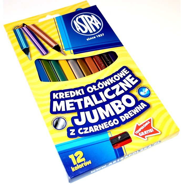 Zdjęcia - Rysowanie Astra Kredki ołówkowe metaliczne jumbo z czarnego drewna, 12 kolorów + temperówk 