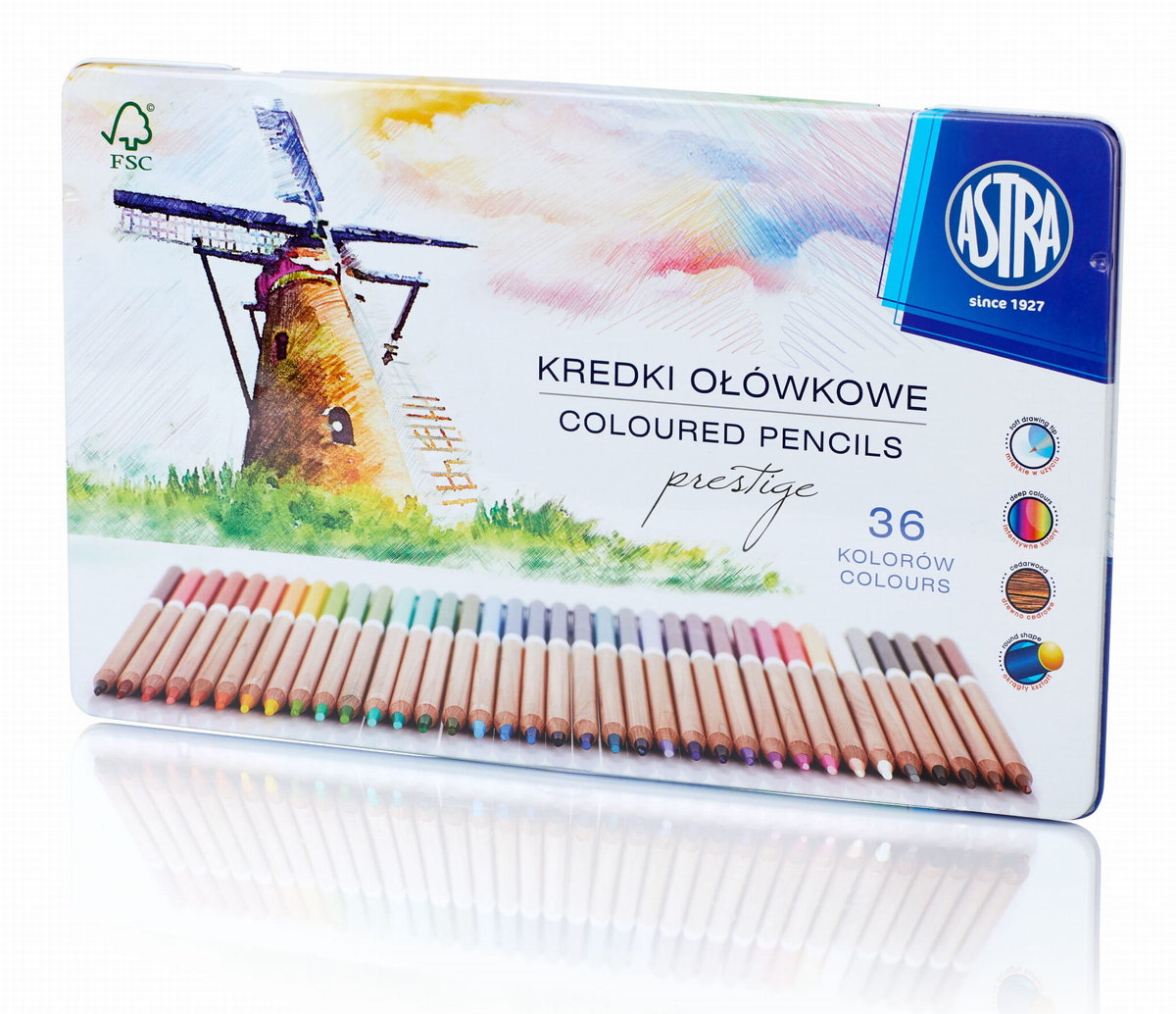 Фото - Малювання Astra Kredki z drewna cedrowego w metalowym pudełku  Prestige 36 kolorów 
