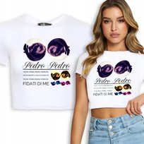 KRÓTKA DAMSKA KOSZULKA Biała Hit  SZOP PEDRO Dance Wzory - L