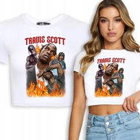 KRÓTKA DAMSKA KOSZULKA Biała Prezent Na Koncert TRAVIS SCOTT Wzory - M