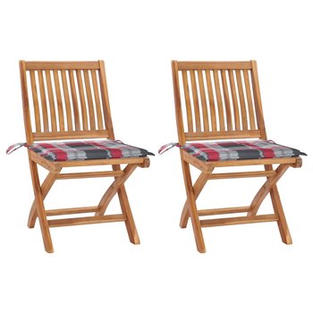 Krzesła ogrodowe, 2 szt., poduszki w czerwoną kratę, tekowe - vidaXL