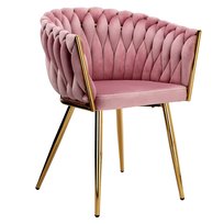 Krzesło Do Toaletki Różowe Tapicerowane Welurowe Velvet Plecione Złote Nogi