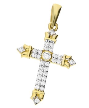 Krzyżyk złoty z cyrkoniami ramiona w szpic MZ T23-P-1309-YW-CZ próba 585 - Sezam