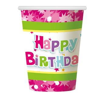 Kubeczki papierowe, 270 ml, Happy Birthday, różowe, 6 sztuk - GoDan
