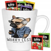 Kubek Biały Latte WORRY LESS MUSIC MORE Prezent Wz + 8 Herbat Loyd