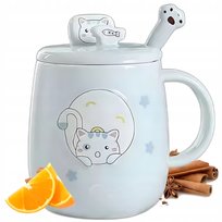 KUBEK CERAMICZNY 420ML Z ŁYŻECZKĄ + POKRYWKĄ KOT DO KAWY HERBATY ZIÓŁ DUŻY CUTE DLA KOCIARZA PREZENT PIXUSO