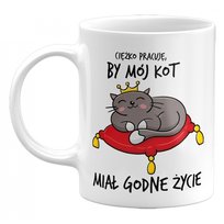 Kubek ceramiczny, Ciężko Pracuję, By Mój Kot Miał Godne Życie, 330 ml, GiTees, biały