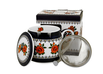 Kubek do kawy i herbaty porcelanowy z zaparzaczem DUO baryłka INDIGO 2, 430 ml   - Duo
