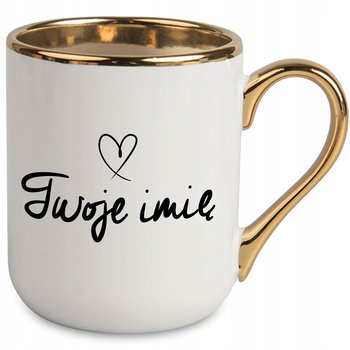 Kubek ELEGANT BIAŁY UCHO WNĘTRZE ZŁOTE TWOJĘ IMIĘ SERDUSZKO PERSONALIZOWANY - StyleCouture