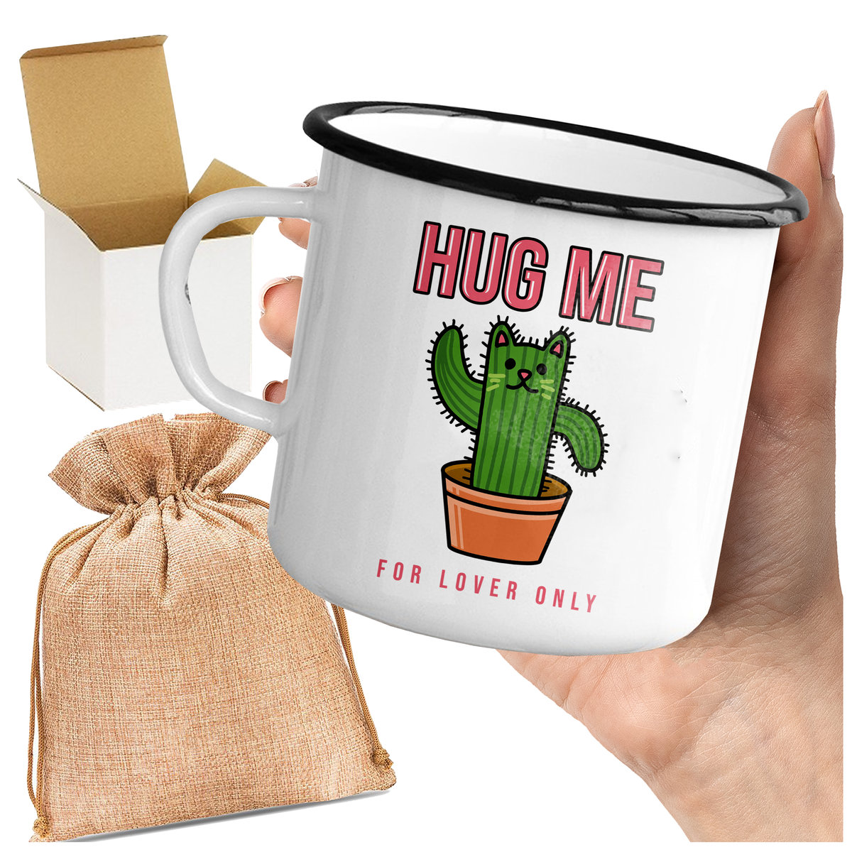 Kubek_emaliowany z nadrukiem hug me for lover only kot kaktus nadruk kotek  - Gartees | Sklep EMPIK.COM