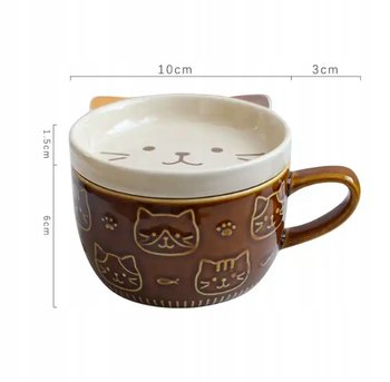 Kubek Kot Kotek ceramiczny z talerzykiem BRĄZOWY 350ml PREZENT dla KOCIARY - GoWo