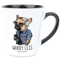 Kubek Latte Czarno Biały WORR LESS MUSIC MORE 350ml Na Prezent Zabawne Wz