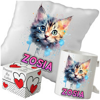 Kubek + Poduszka Koty Kotki Kotek 330ml 40x40cm i Opakowanie Na Prezent i Imię