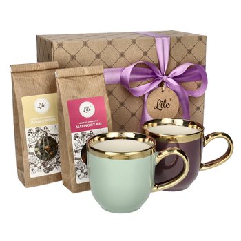 Kubek porcelanowy (2 szt.) 290 ml z dwoma herbatami (Imbir z Pigwą + Malinowy Raj) zestaw prezentowy Lile Paeonia P31865-69821 - Lile