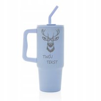 Kubek termiczny 900 ml JELEŃ personalizacja z grawerem niebieski słomka
