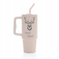 Kubek termiczny 900 ml JELEŃ personalizacja z grawerem różowy słomka