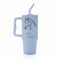 Kubek termiczny 900 ml KOŃ personalizacja z grawerem niebieski słomka