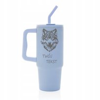 Kubek termiczny 900 ml WILK personalizacja z grawerem niebieski słomka