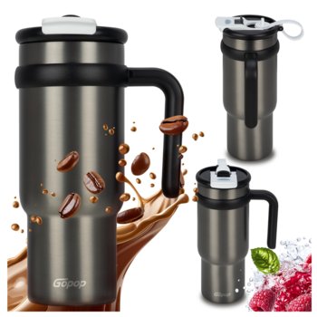 KUBEK TERMICZNY ZE STALOWĄ SŁOMKĄ UCHWYTEM DUŻY GOPOP STARS 900 ML SREBRNY - Inna marka