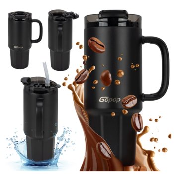 KUBEK TERMICZNY ZE STALOWĄ SŁOMKĄ UCHWYTEM DUŻY GOPOP TARSLA 1200 ML 1,2L CZARNY - Inna marka