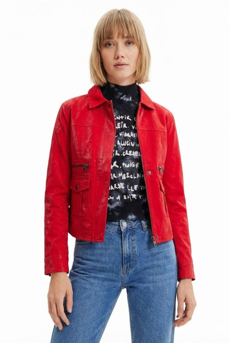 DESIGUAL Kurtka damska Desigual Cleveland z eko skóry czerwona-XS