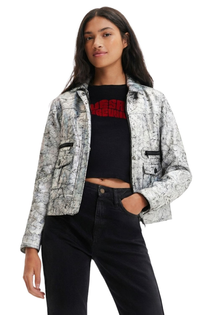 DESIGUAL Kurtka damska Desigual Mineapolis z eko skóry srebrna-XS