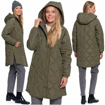 Kurtka Damska Przejściowa Długa Pikowany Płaszcz z Kapturem Jesień MORAJ S - Moraj