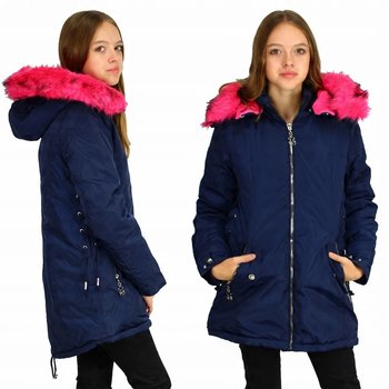 KURTKA Zimowa OCIEPLANA Parka Z KAPTUREM Na Misiu Z FUTERKIEM Granatowa 164 - Inna marka
