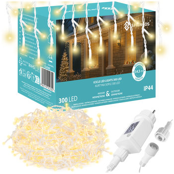 Kurtyna świetlna z pilotem 300 led girlanda, lampki wewnętrzno-zewnętrzne 14,5 m sople ciepły biały - Springos