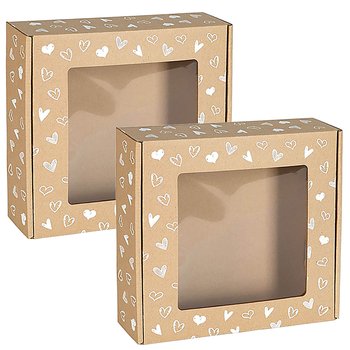Kwadratowe Pudełko Fasonowe Z Okienkiem, Pudełko Prezentowe Z Białym Nadrukiem Serduszka 20X20X5 Cm X2