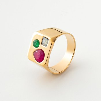 Kwadratowy pierścionek sygnet damski z kolorowymi kamieniami : ROZMIAR PIERŚCIONKA - 11 |UK:L | Φ16,00 MM, Srebro - kolor pokrycia - Pokrycie platyną - GIORRE