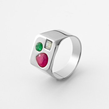 Kwadratowy pierścionek sygnet damski z kolorowymi kamieniami : ROZMIAR PIERŚCIONKA - 13 |UK:N | Φ16,67 MM, Srebro - kolor pokrycia - Pokrycie platyną - GIORRE