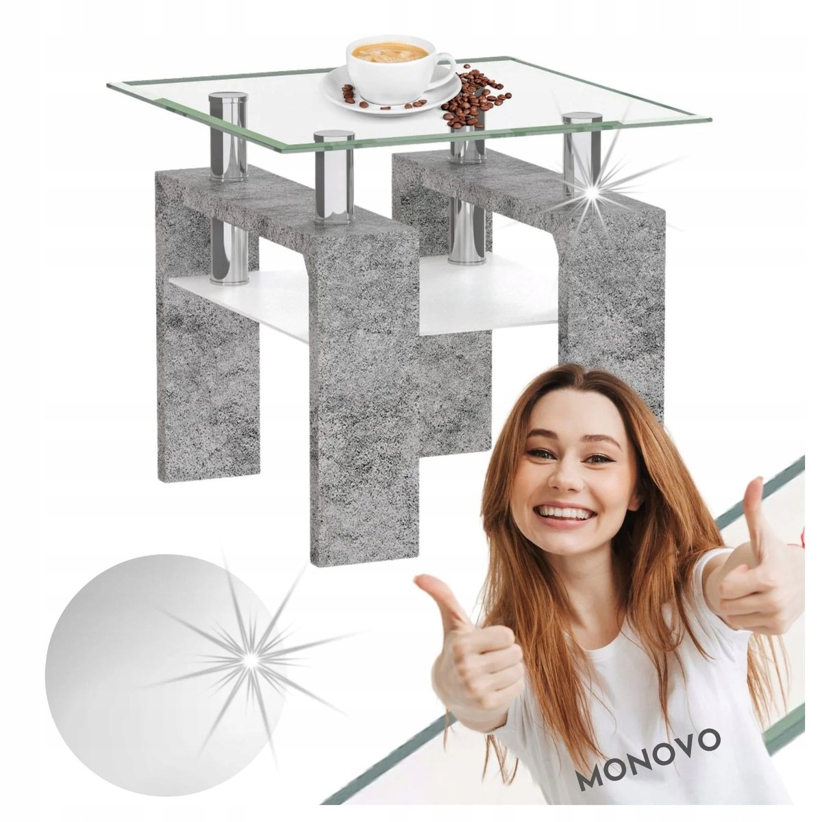 Kwadratowy Stolik Kawowy do Salonu Transparentny Szklana Ława Beton ...